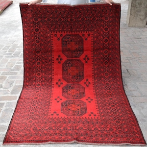 Alfombra turca antigua Ersari de 1,30 m x 1,98 m / Alfombra geométrica afgana / Alfombra hecha a mano de 1,20 m x 1,80 m / Alfombra tradicional de lana / Alfombra roja Bokhara / Alfombra de entrada