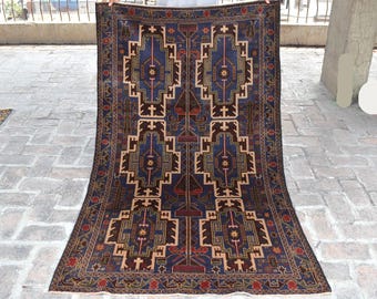 1970s Blue Geometric Baluchi Rug 4x6&#39;6 Afghan Hand Knotted Rug/ Vintage Collectible Rug/ Tribal Oriental Rug/ Soft Pile Area Rug/ 4x7 Carpet