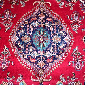 Roter seltener Kaukasier Teppich 200x300/ Handgeknüpfter Teppich/ Handgeknüpfter Teppich/ Geometrischer Vintage Teppich/ 100% Wolle/ Feiner Qualitätsteppich