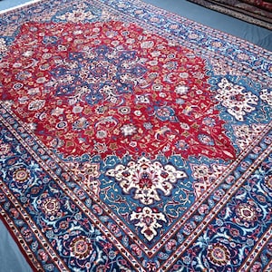 Caucasian Geometric Area Rug 10x14 Large Medallion Rug/ Hand Knotted Floral Rug/ 100% Wool Rug/ Oriental Tribal Rug/ Red Dining Room Carpet