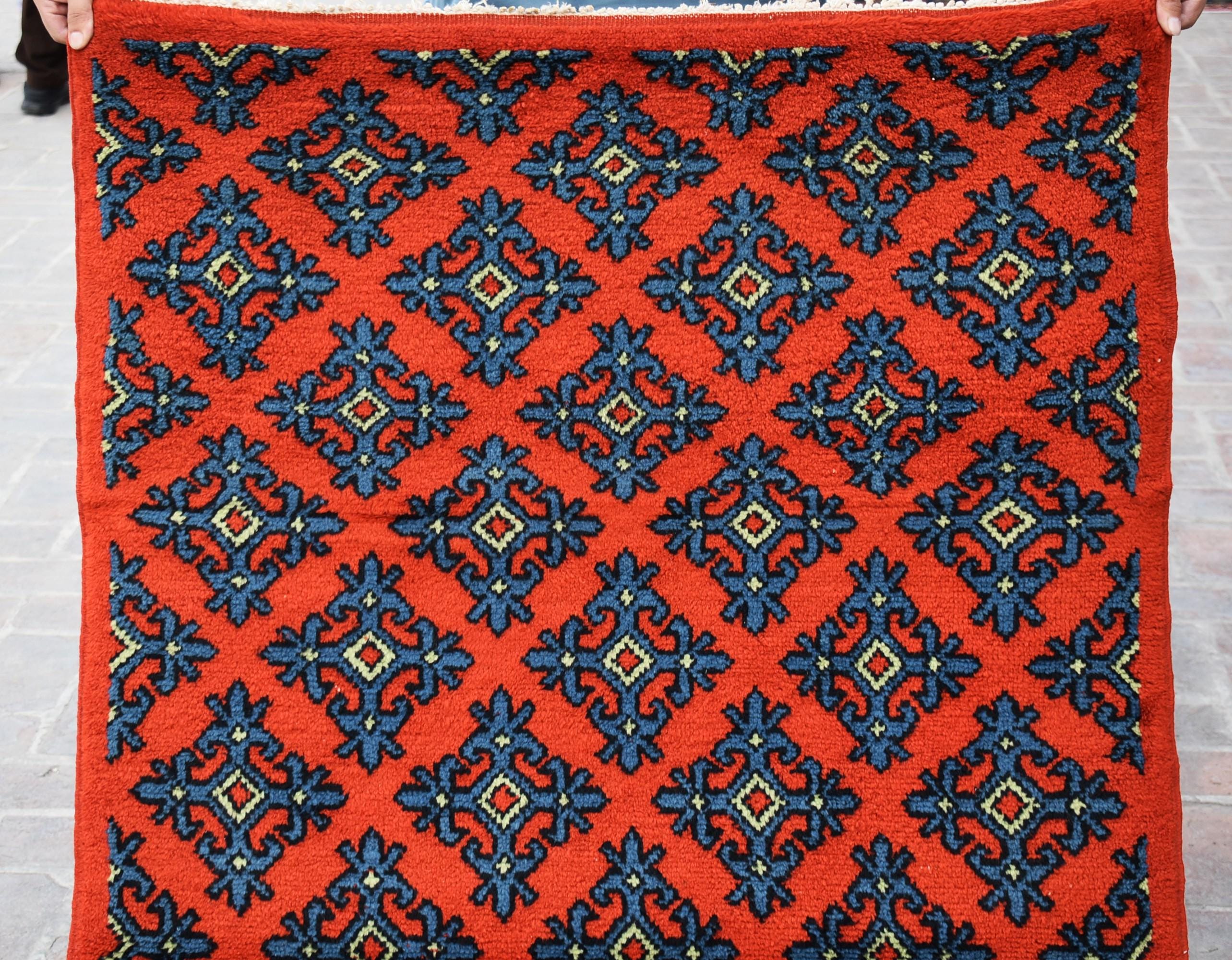 Red Afghan Rug 3'4x6 ft Rare Geometric Rug/ Hand Knotted Tribal Rug/ Turkoman Area Rug/ 100% Wool Rug/ Nomadic Vintage Rug/ Kitchen Rug 3x6
