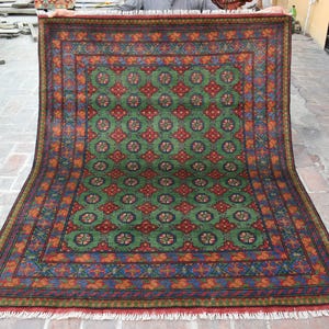 5'2x6'7 Green Hand Knotted Bokhara Rug/ Afghan Turkoman Area Rug/ Geometric Tribal Rug/ 100% Wool Rug/ Living Room Rug/ 5x7 Oriental Carpet