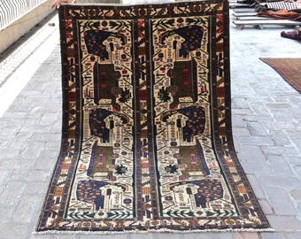 1960s Antique Baluchi Pictorial Rug 4&#39;2x6&#39;1 Afghan Handmade Rug/ Faded Collectible Rug/ Old Low Piles Rug/ Nomadic Area Rug/ Kids Room Rug