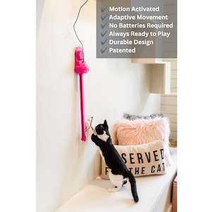 Op de afbeelding: Een felroze, aan de muur gemonteerd kattenspeeltje met een lange verticale stang en een bungelend koord. De tekst op de afbeelding luidt: Motion Activated, Adaptive Movement, No Batteries Required, Always Ready to Play, Durable Design, Patented.