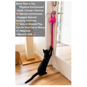 Op de afbeelding: Een felroze kattenspeeltje dat aan een deurklink hangt met een zwart touwtje en een katvormige kop. De tekst luidt: More Than a Toy, Physical Enrichment, Stalk, Chase, Pounce, Mental Enrichment, Engages Natural Hunting Instincts, Solo or Shared Play, Fun for One Cat or Many, Patented, Made in USA.