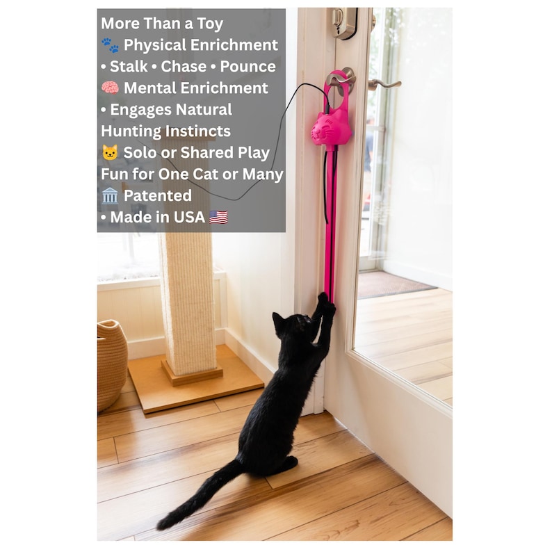 Op de afbeelding: Een felroze kattenspeeltje dat aan een deurklink hangt met een zwart touwtje en een katvormige kop. De tekst luidt: More Than a Toy, Physical Enrichment, Stalk, Chase, Pounce, Mental Enrichment, Engages Natural Hunting Instincts, Solo or Shared Play, Fun for One Cat or Many, Patented, Made in USA.