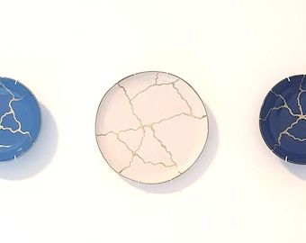 Set of 3 Wall Plates 27 & 21 cm, Blue and Ivory, Meaningful Wall Composition, Symbol of Balance and Transformation