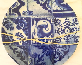 Wall Plate 34 cm, Blue Ceramic Wall Art, Large Statement Decor