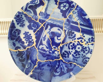 Large Blue Wall Plate 34 cm, Statement Ceramic Wall Decor