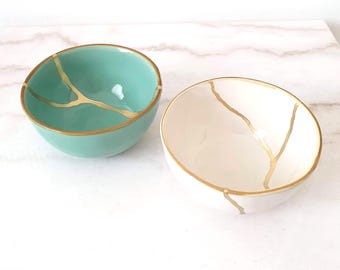 Set of 2 Ceramic Bowls 11 cm, Ivory and Aqua Green, Meaningful Gift, Symbol of Healing