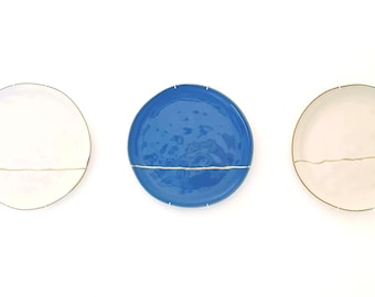 Set of 3 Wall Plates 27 cm, Blue and Ivory, Meaningful Wall Art, Symbol of Balance and Imperfection