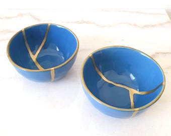 Set of 2 Light Blue Ceramic Bowls 11 cm, Meaningful Gift, Symbol of Imperfection and Balance
