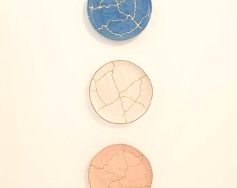 Wall Plate Set of 3, Blue Ivory Pink Ceramic Wall Art, Statement Decor