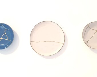 Set of 3 Wall Plates 27 & 21 cm, Blue and Ivory, Meaningful Wall Composition, Symbol of Balance and Transformation