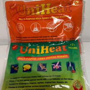 May include: Two UniHeat multi-purpose shipping warmer packs. One orange pack provides 120 hours of heat, the other green pack provides 72+ hours of heat. Both packs are designed for shipping plants, flowers, and other temperature-sensitive items.