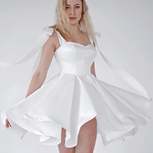Short wedding dress with tie bows Off white corset dress Elopement dress Reception dress for bride Whimsical rehearsal dinner gown