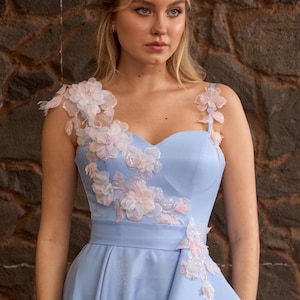 Light Blue Floral Appliqué Gown: Elegant Wedding Guest Dress