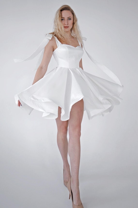 white elopement dress short Short Corset Wedding Dress: off White Elopement Gown With Tie Bows