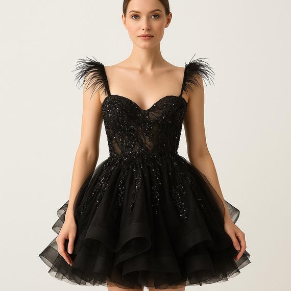 Black Tulle Corset Dress: Gothic Feather Cocktail Gown