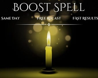May include: A lit yellow candle with a bright flame against a dark background. The text "BOOST SPELL" is at the top, with "SAME DAY", "FREE RECAST", and "FAST RESULTS" below.