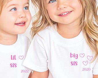 Geschwister T-Shirts, big sis lil sis, Geschwisterlook Mädchen, Geschenk Geburt, Geschwister Outfit, personalisierbar Jahreszahl, Schwestern