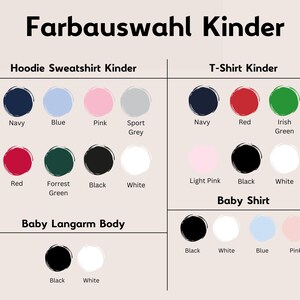 May include: A color chart for children's clothing, featuring various shades for hoodies, t-shirts, and baby shirts. Colors include navy, red, pink, and green. The text "Farbauswahl Kinder" is at the top.