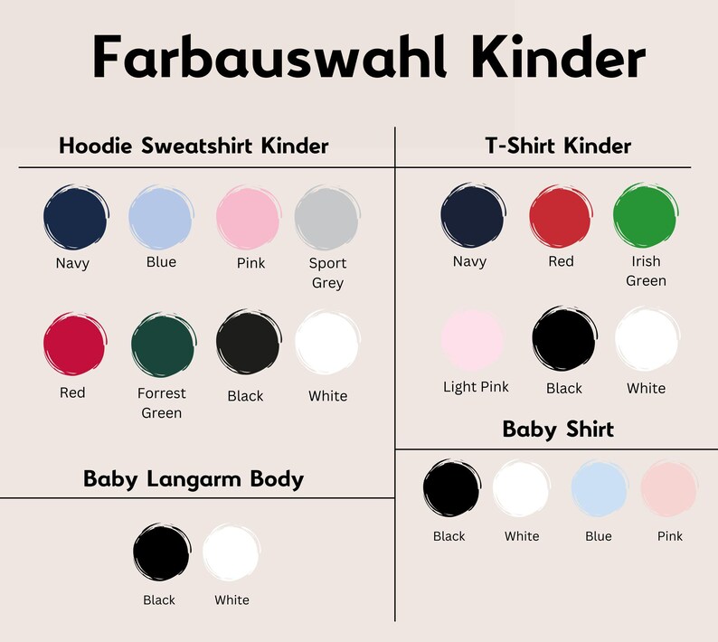 May include: A color chart for children's clothing, featuring various shades for hoodies, t-shirts, and baby shirts. Colors include navy, red, pink, and green. The text "Farbauswahl Kinder" is at the top.
