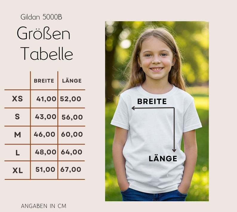 May include: A white Gildan 5000B t-shirt on a young girl, with a size chart in centimeters. The chart shows measurements for XS, S, M, L, and XL sizes, indicating width and length in cm. The text "BREITE" and "L&Auml;NGE" are also visible.