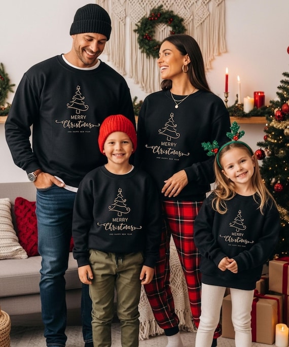 Familien Weihnachts Pullover Set – Merry Christmas Gold – Partnerlook Familie, Xmas Sweater Eltern & Kinder, Matching Christmas Outfits,