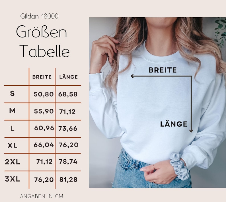May include: A white long-sleeve sweatshirt with a size chart in German. The chart lists measurements in centimeters for sizes S through 3XL. The sweatshirt is being modeled, with the measurements labeled as "BREITE" (width) and "L&Auml;NGE" (length).