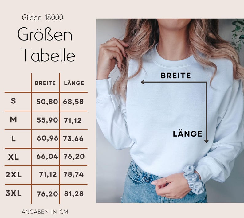 May include: A white long-sleeve sweatshirt with a size chart in German. The chart lists measurements in centimeters for sizes S through 3XL. The sweatshirt is being modeled, with the measurements labeled as "BREITE" (width) and "L&Auml;NGE" (length).