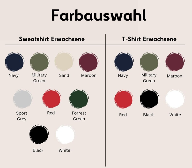 May include: Image showing color options for sweatshirts and t-shirts. The text "Farbauswahl" is at the top. Sweatshirt colors include Navy, Military Green, Sand, Maroon, Sport Grey, Red, Forrest Green, Black, and White. T-shirt colors include Navy, Military Green, Maroon, Red, Black, and White.