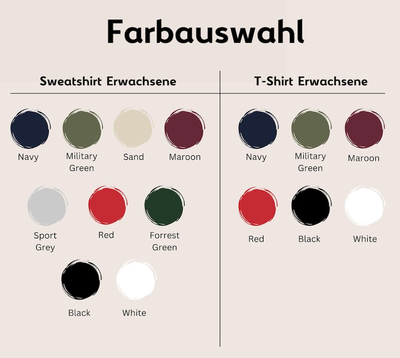 May include: Image showing color options for sweatshirts and t-shirts. The text "Farbauswahl" is at the top. Sweatshirt colors include Navy, Military Green, Sand, Maroon, Sport Grey, Red, Forrest Green, Black, and White.