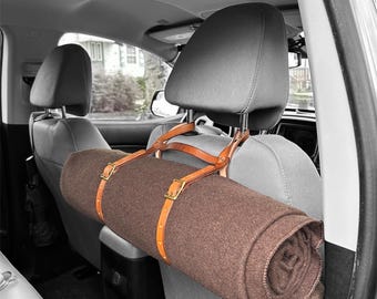 Seatback Blanket/Sweatshirt Roll Leather Strap - Camping, RV, Overland, Backpacking, Emergency Preparedness, Car Organization