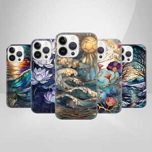 Coque de téléphone en vitrail avec fenêtre en mosaïque pour iPhone 16 15 Plus, 14, 13, 12 Samsung S25+ S24Ultra, S23FE, A16 Pixel 9Pro XL, 8A, 8Pro, 7A, 6A