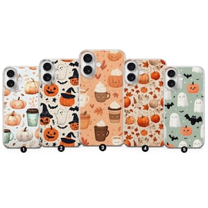 May include: Five phone cases with Halloween-themed designs. The cases feature pumpkins, ghosts, witch hats, coffee cups, and autumn leaves in various colors. The cases are made of a clear material.