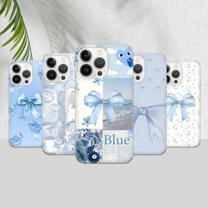 Coque de portable esthétique bleu bébé avec nœud - Compatible avec iPhone 16 Pro Max, 15, 14 Plus, 13, 12, 11, Samsung S24, S23, A54, A53, Pixel 8 Pro, 7