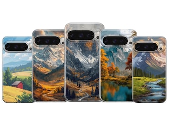 Mountain Landscape Phone Case Minimalist Nature Cover for Google Pixel 10, 10Pro, 9Pro, 8A, 8, 7, Samsung S25, S24Fe,S23, A36, iPhone 17, 16