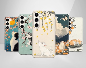 Cute Cat Phone Case Japanese Art Design Cover for Samsung S25Ultra, S24FE, S23, A55, A53, iPhone 17, 16, 15, 14, 13, 12, Pixel 10, 9, 8, 7
