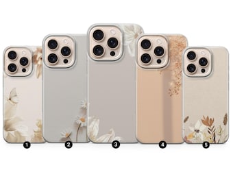 Minimalistiskt beige telefonskal med blommor för iPhone 17Pro, 16, 15, 14, 13, 12, Samsung S26, S25, S24FE, S23, A16, A56, Pixel 10, 9Pro, 8, 7