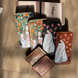 women's leather wallet, hand painted, Palestine, Palestinian, watermelon, Yaffa, Oranges, Gaza, Hebron, Al Khalil