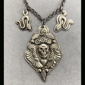 Skull and Snake Dramatic Old Road Medal Tiered Necklace - Memorial Statement Necklace with Snakes - Memento Mori One of a kind Necklace