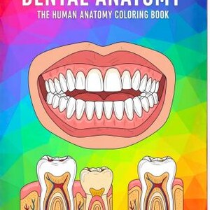 May include: A colouring book titled "Dental Anatomy" with an illustration of teeth and gums. The cover features a large, smiling mouth with detailed teeth, and below are cross-sections of teeth. The background is a colourful geometric pattern.