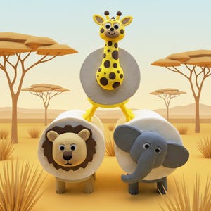 Könnte beinhalten: Ein skurriles Spielzeugset mit einer Giraffe, einem Löwen und einem Elefanten. Die Giraffe hat einen gelben Körper mit braunen Flecken und steht auf einer grauen Scheibe. Der Löwe hat eine hellbraune Mähne, und der Elefant hat graue Ohren und einen Rüssel. Der Hintergrund zeigt eine Savanne.