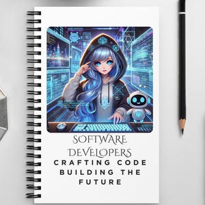 Puede incluir: Una libreta blanca de espiral con una ilustración azul y morada de una mujer programando en una computadora. El texto en la libreta dice "Software Developers Crafting Code Building the Future".