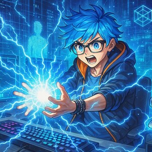 May include: A young person with blue hair and glasses is sitting in front of a computer. They are wearing a blue hoodie and a blue shirt. Their hand is outstretched, and there is a bright blue light emanating from it. The background is a blue and black digital pattern.
