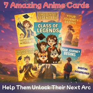 Pacote de Cartões de Formatura de Anime – 7 Cartões para Imprimir | Download Digital Instantâneo