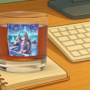 May include: A clear glass tumbler with a brown liquid inside. The glass has a sticker with an anime-style illustration of a person with blue hair, glasses, and a hoodie, sitting at a computer. A keyboard and notepad are in the background.
