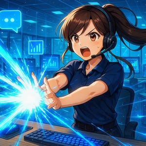 Könnte beinhalten: Anime-Illustration einer Person mit Headset, in einem dunkelblauen Poloshirt, mit offenem Mund und überraschtem Gesichtsausdruck. Die Person ist von blauen digitalen Effekten umgeben, mit Tastatur und Computerbildschirmen im Hintergrund.