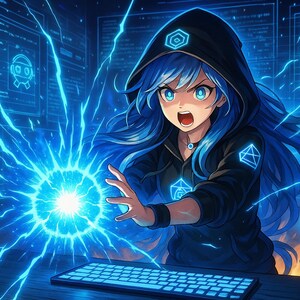 Op de afbeelding: Een anime-personage met blauw haar dat een zwarte hoodie draagt met een geometrisch patroon. Het personage houdt een gloeiend blauwe bol in zijn hand, en op de voorgrond is een toetsenbord te zien.